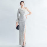Craft Ostrich Feather Diagonal Shoulder Roman Collar Evening Dress