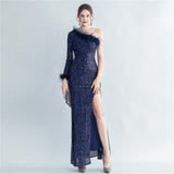 Craft Ostrich Feather Diagonal Shoulder Roman Collar Evening Dress