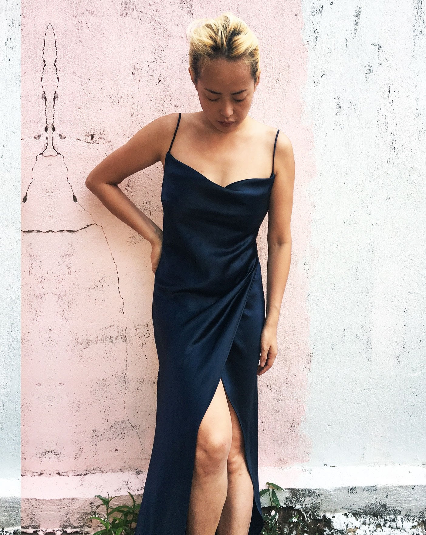 Dark Blue Organic Silk Cowl Neck Slip Dress