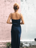 Dark Blue Organic Silk Cowl Neck Slip Dress