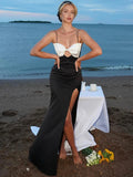 TARUXY Side Slits Slim Dresses For Women Birthday Elegant Bow Splice Sundress Ladies Sexy Backless Beach Women's Evening Dress