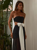 TARUXY Splice Mesh Maxi Dresses For Women Sexy Bow Bandage Bodycon Off Shoulder Dress Femme Elegant Backless Evening Dress Lady
