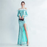 High Density Ostrich Hair Sequin Off Shoulder Fishtail Evening Dress