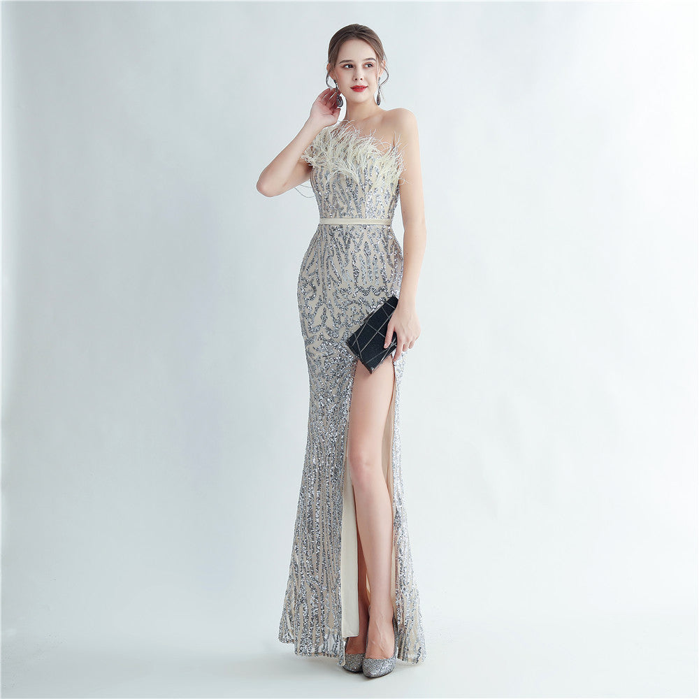 Heavy Industry Ostrich Hair Craft Beading Evening Dress with Side Slit