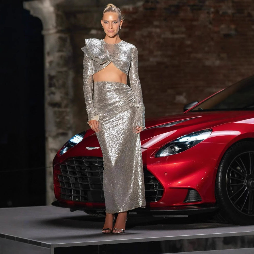 Silver Rhinestone Mesh Slit Prom Dress