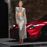 Silver Rhinestone Mesh Slit Prom Dress