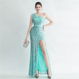 Heavy Industry Ostrich Hair Craft Bundle Hair Evening Dress with Oblique Shoulder Slit