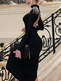 Long Sleeves Skinny Back Cross Split-Side Tasseled High Neck Evening Dresses Midi Dresses