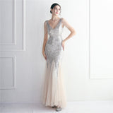 Sequin Mesh Craft Beaded Party Dress: Elegant Long Cocktail Slim Fit Evening Dress