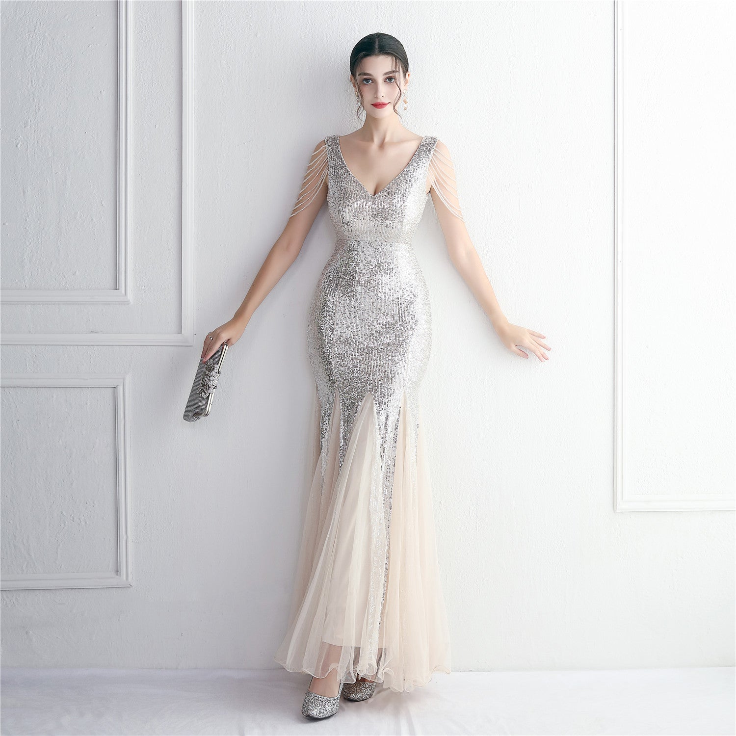 Sequin Mesh Craft Beaded Party Dress: Elegant Long Cocktail Slim Fit Evening Dress