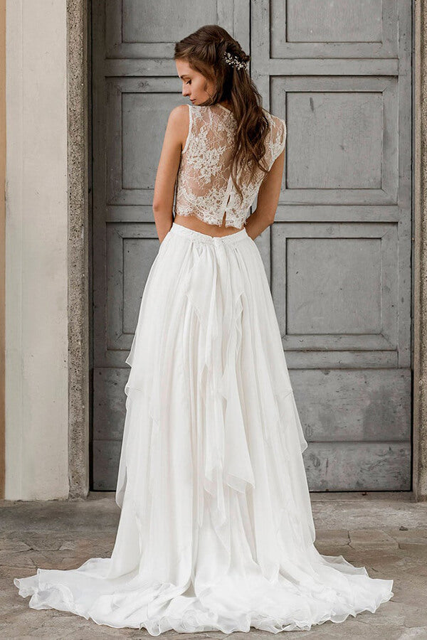 Elegant Long Two Piece A-line Lace Chiffon Wedding Dress