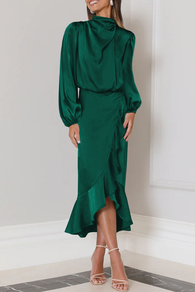 Elegant Solid Flounce Fold Turtleneck Evening Dress