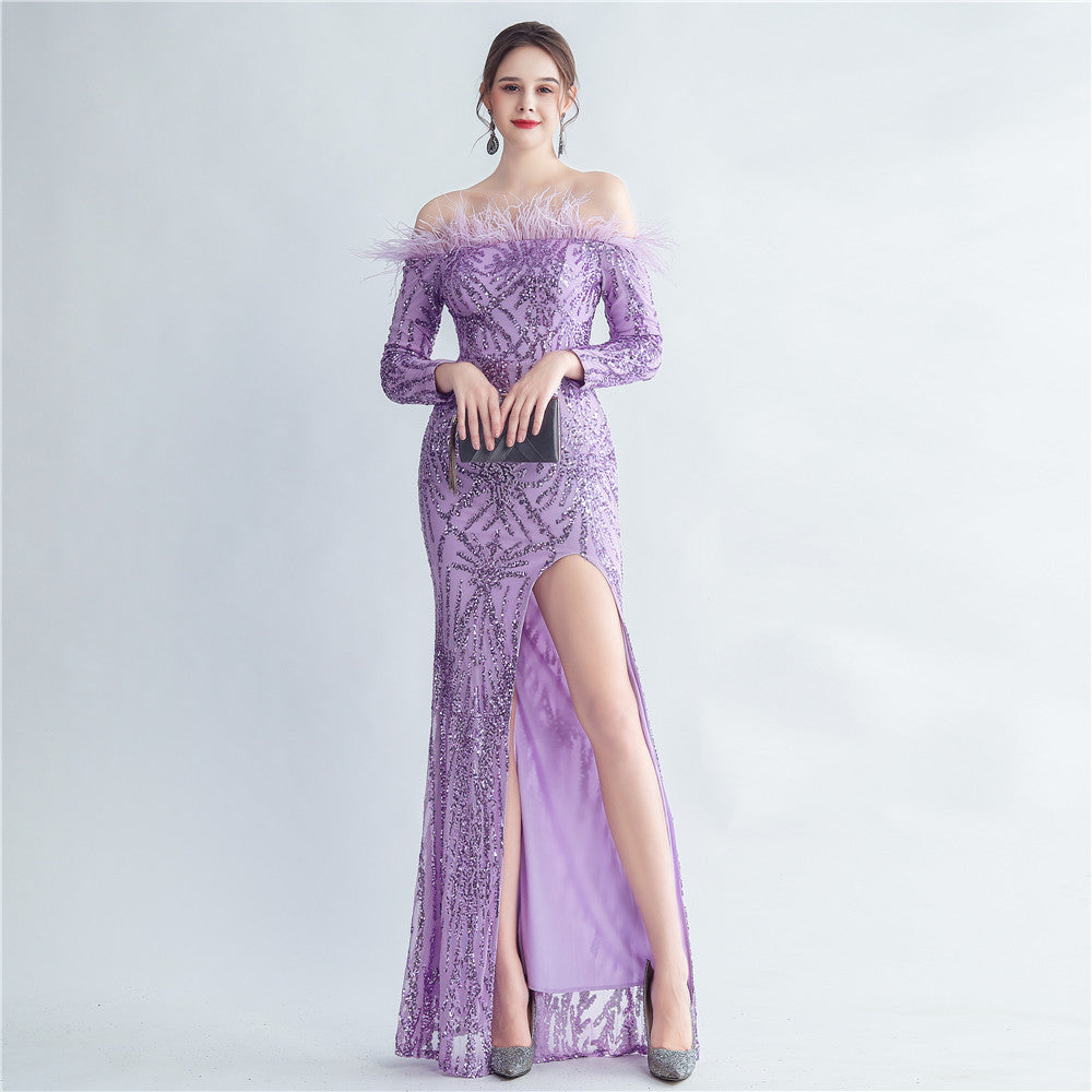 High Density Ostrich Hair Sequin Off Shoulder Fishtail Evening Dress