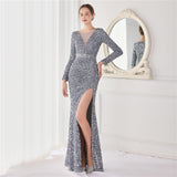 Cocktail Elegant Long Sleeve Sequined Fishtail Evening Dress