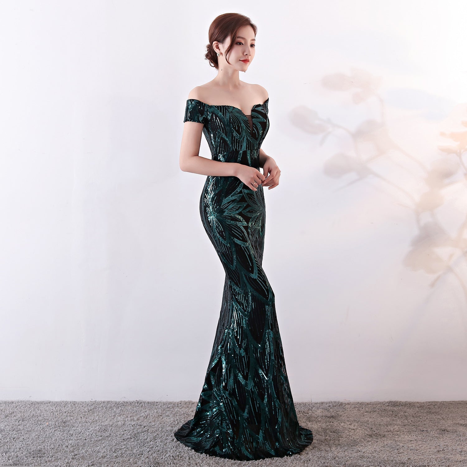 Off the Shoulder Sequined Evening Dress: Long Fish Tail, Slim Fit