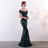 Off the Shoulder Sequined Evening Dress: Long Fish Tail, Slim Fit