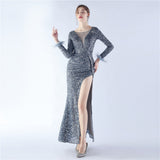 Handmade Sequin Craft Order Ostrich Feather Long Sleeve Evening Dress