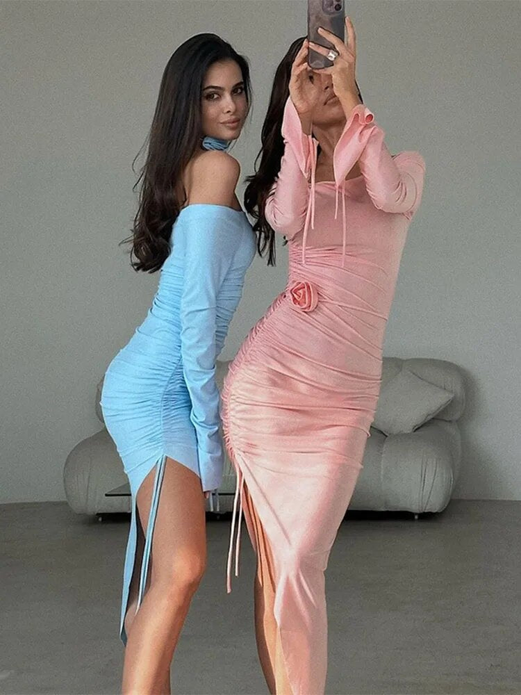 TARUXY Side Slit Pleated Mini Dress For Women Lace Up Bodycon Sexy Maxi Dresses Woman Party Temperament Evening Dress Femme 2025