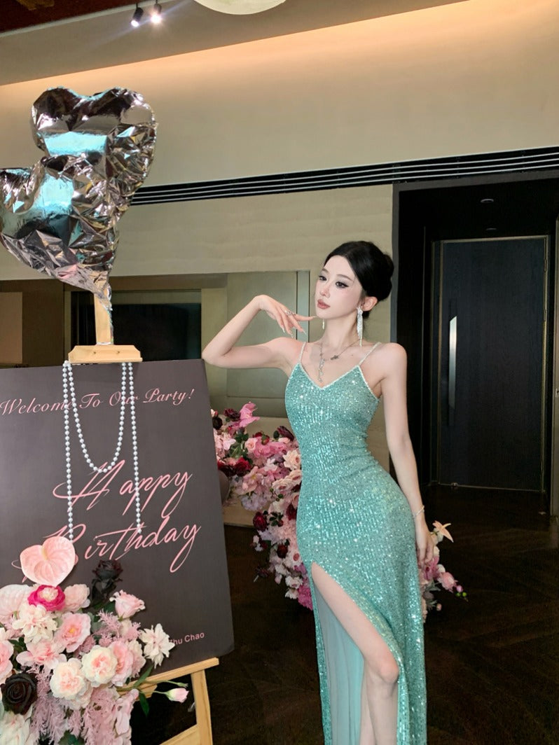 Green Sequin High-Slit Evening Dress ¨C Elegant Party & Formal Gown