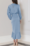 Elegant Solid Flounce Fold Turtleneck Evening Dress