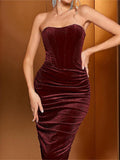 Velvet Pleated Tube Top Evening Dress