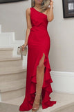 Elegant Solid Flounce Slit One Shoulder Evening Dress Dresses(8 Colors)