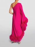 Spring Summer Women Clothing Feather One Shoulder Large Swing Evening Dress ¨C Elegant and Stylish Option for Special Occasions