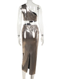 Skinny Sleeveless Asymmetric Pleated Shiny Split-Back Split-Joint One-Shoulder Evening Dresses Maxi Dresses
