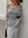 Long Sleeves Skinny Pleated Solid Color Split-Joint Off-The-Shoulder Evening Dresses Maxi Dresses