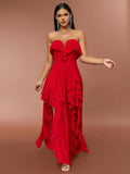 Red Ruffle  Tube Top V neck Flounce Backless Evening Dress
