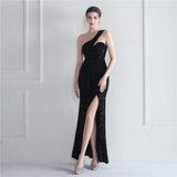 Velvet Bottom Sequin One Shoulder Fishtail Evening Dress