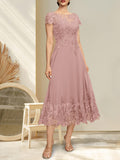A-line Illusion Scoop Tea-Length Lace Chiffon Mother of the Bride Dress With Sequins