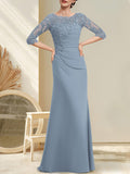 A-line Scoop Floor-Length Chiffon Lace Mother of the Bride Dress With Beading Pleated Sequins