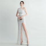 Heavy Industry Ostrich Hair Craft Bundle Hair Evening Dress with Oblique Shoulder Slit