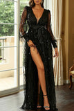 Elegant Formal Print Tassel Sequins High Opening V Neck Evening Dresses