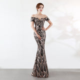 Off the Shoulder Sequined Evening Dress: Long Fish Tail, Slim Fit