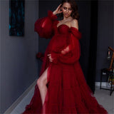 Oversized skirt fluffy soft yarn stitching maternity wear, sweetheart collar maternity party dress