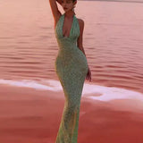Sleeveless Halter Deep V Sequin Prom Dress