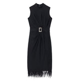 Beaded Belt Bandage Evening Dress Sleeveless Split Feather Party Tight Dress Cocktail