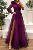 Sexy Prom Floral Print Slit Mesh Flower Shape Sloping Shoulder Evening Dresses(6 Colors)