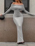 Long Sleeves Skinny Pleated Solid Color Split-Joint Off-The-Shoulder Evening Dresses Maxi Dresses