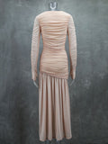 Long Sleeves Skinny Pleated See-Through Solid Color Split-Joint Round-Neck Evening Dresses Maxi Dresses