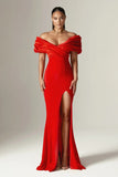 Off Shoulder Ruched Slit Satin Maxi Prom Dress