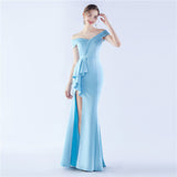 Classic Satin Off Shoulder Long Evening Dress ¨C Elegant & Timeless