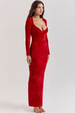 Sexy Sweetheart Neck Long Sleeve Velvet Bodycon Maxi Evening Dress - Red