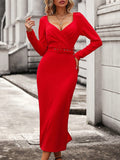 Elegant V Neck Waist Split Long Sleeve Evening Dress for Women