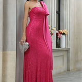 Red off Shoulder Dress Niche Irregular Asymmetric Single Shoulder Suspender Waist Slimming Sequined Elegant Evening Dress