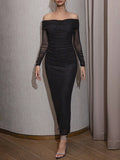 Pleated See-Through Sequined Solid Color Split-back Split-Joint Long Sleeves Skinny Tube Evening Dresses