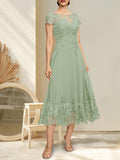A-line Illusion Scoop Tea-Length Lace Chiffon Mother of the Bride Dress With Sequins