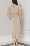 Elegant Solid Flounce Fold Turtleneck Evening Dress